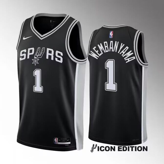 Men's San Antonio Spurs #1 Victor Wembanyama Black 2022/23 Icon Edition Stitched Basketball Jersey Men's San Antonio Spurs #1 Victor Wembanyama Black 2022/23 Icon Edition Stitched Basketball Jersey